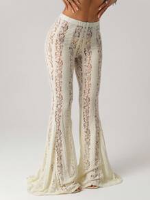 SHEIN ICON Women's White Y2K Sexy Low Waist Full Lace Exaggerated Flared Leg Skinny Tight Fitting Sexy Pants - White - View 6