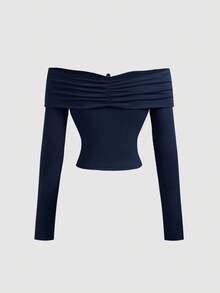 SHEIN MOD 女士露肩长袖藏蓝色上衣，外出上衣，Y2K风格上衣，性感上衣，派对上衣，针织上衣，优雅女士衬衫 - 藏蓝色 - 查看 2