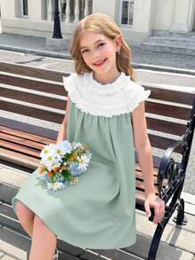 SHEIN Tween-Mädchen Ärmelloses Lässig Kleid in A-Linie mit Farbblock-Muster und Rüschenbesatz