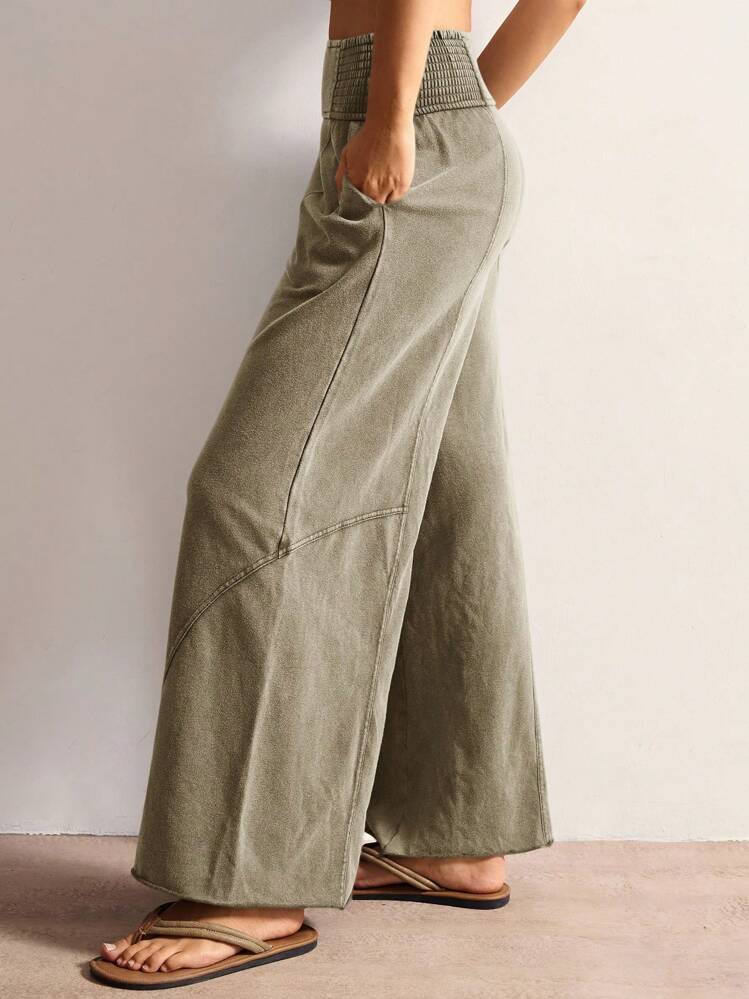 Bohemela Pantalones anchos de punto sólido, de corte holgado y relajado para mujer. Pantalones color caqui de verano, pantalones anchos - Marrón - Añade 7