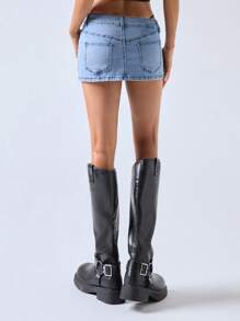 LYSMO 女式休闲水洗不对称口袋迷你牛仔裙，夏季 - 藍色 - 查看 2