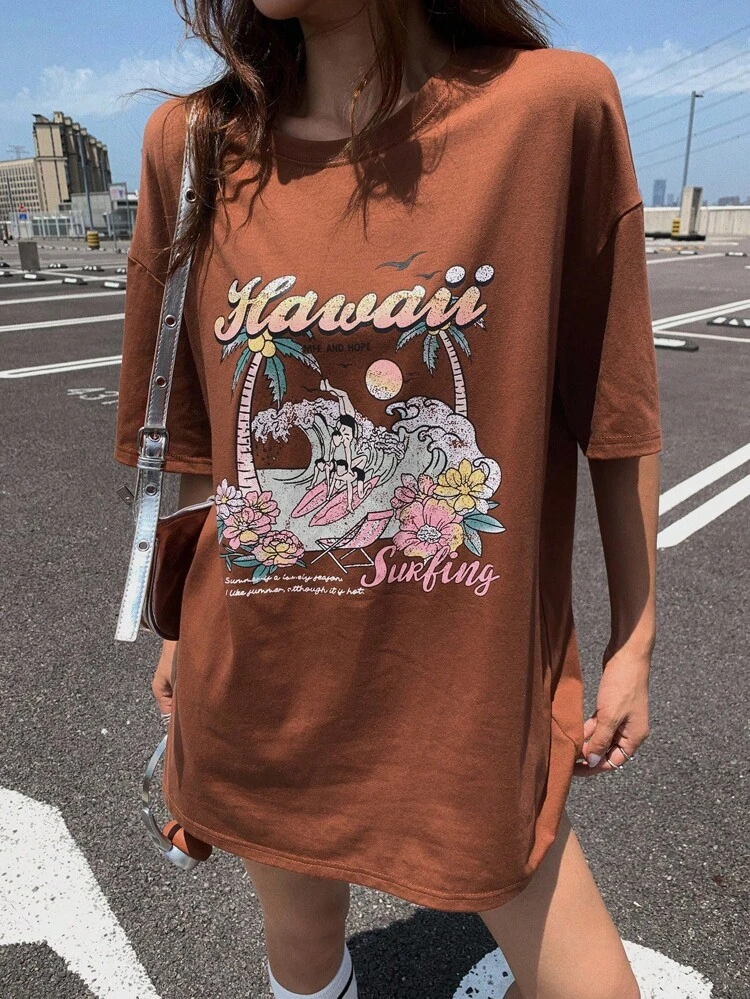 Women's Vintage Print Casual Loose Round Neck Street Wear Short Sleeve T-Shirt, Summer,Graphic Tees