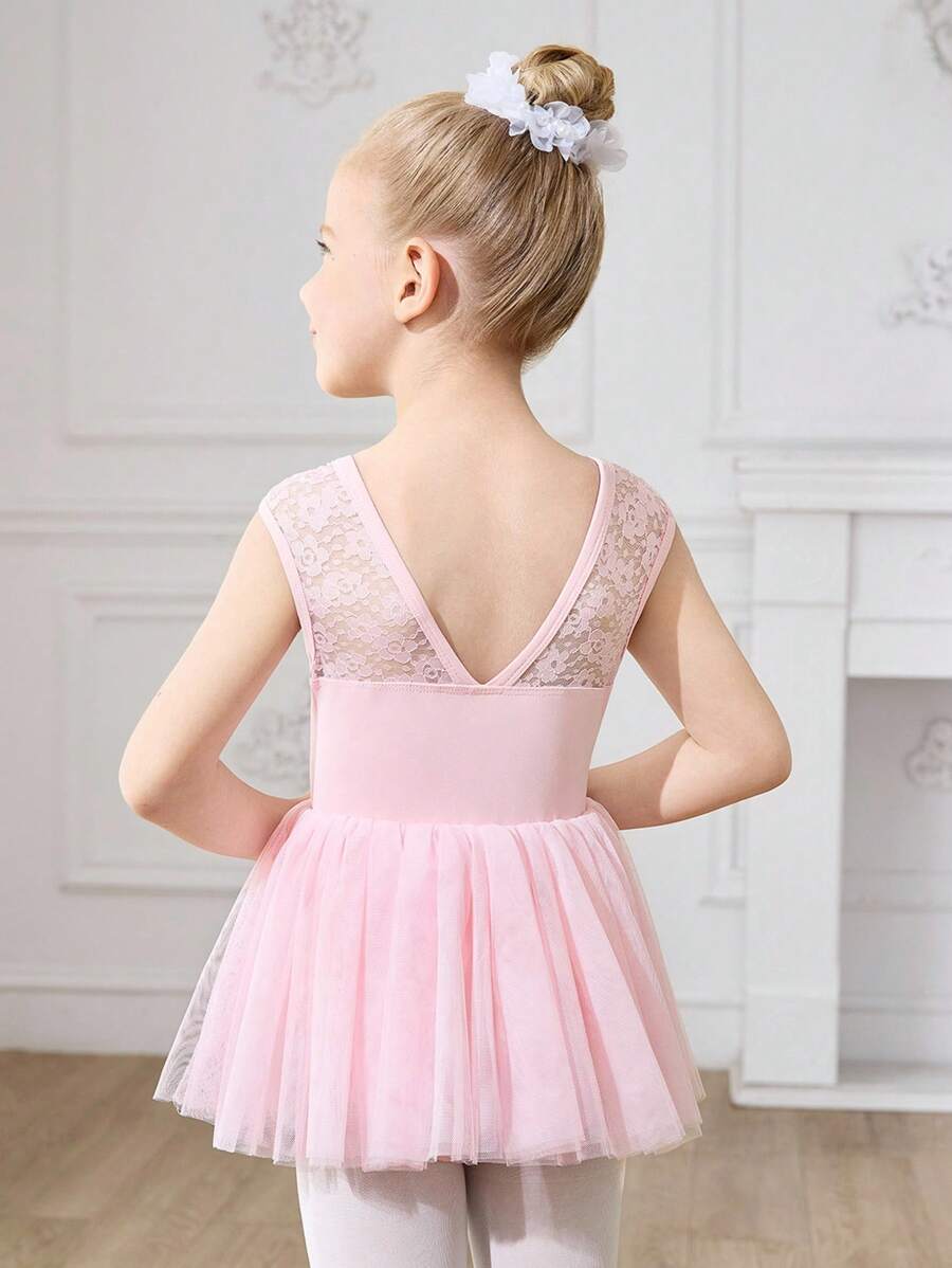 Vestito da ballerina con tutu in pizzo rosa senza maniche per ragazze, body da danza estivo