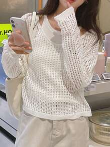 DAZY Hollow Out Long Sleeve Loose Casual Shawl Cover Up For Women,Fall Women Clothes - Beige - View 7