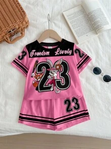 SHEIN 2pc Girls Trip Sports Graphic Set With Number 23, Classic Fashion Sporty Style: Short Sleeve T-Shirt With Sleeve Color Block, Graphic Print And Shorts, Suitable For Summer, Sports, Fitness, Casual Outing, Socializing