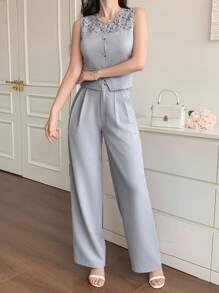 DAZY 女式蕾丝拼接圆领吊带背心和阔腿裤两件套 - 藍色 - 查看 5