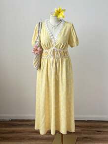 Sunspun Plus Size V-Neck Waist Gathered A-Line Vacation Dress Vacation - Multicolor - View 7