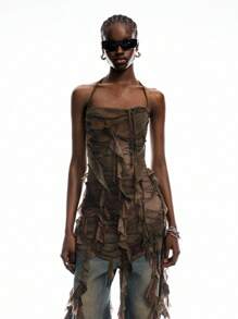 LYSMO 2025 New Arrival Spring-Summer Women's Post-Apocalyptic Style Vintage Distressed Tie-Dye Print Ruffled Asymmetrical Long Slim Halter Neck Camisole For Vacation Outfits And Vintage Casual Partywear