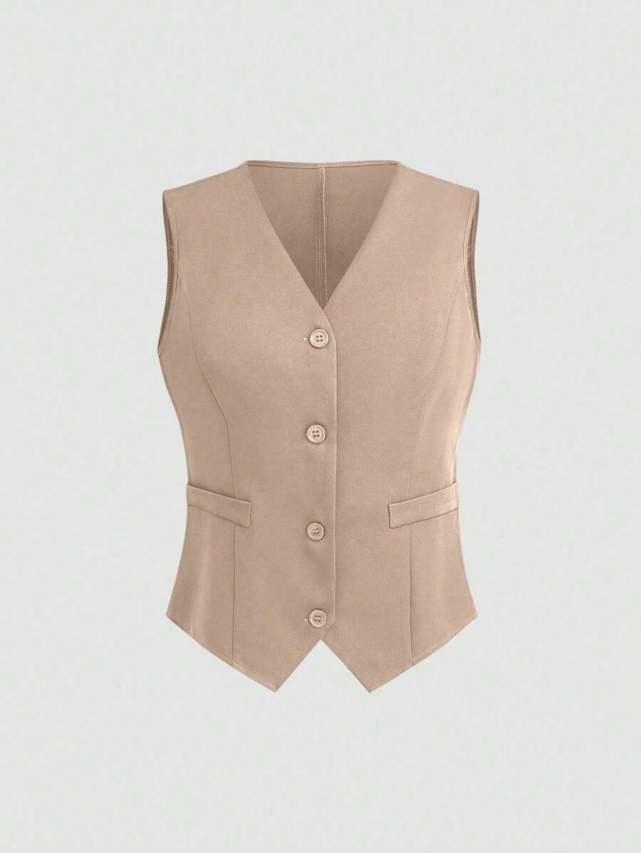 SHEIN LUNE 夏季休闲纯色西装背心 - 卡其色 - 查看 1