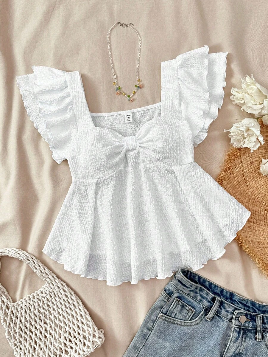 SHEIN 少女夏日阳光甜美休闲舒适荷叶边袖提花针织T恤，适合居家、可爱、青少年、情人节、派对