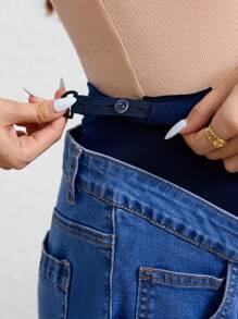 SHEIN 孕妇可调节腰部喇叭裤，带口袋 - 中等水洗藍 - 查看 4