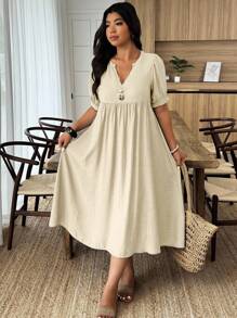 Weeklong Plus Size Solid Color Notched Neck Casual Short Sleeve Summer Dress - Apricot - View 4
