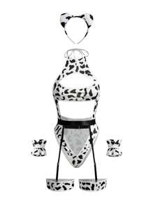 Fantasy Costume 女士奶牛印花内衣套装（1 件紧身衣、2 件袖袖、1 条腰带、1 件头饰） - 黑與白 - 查看 8