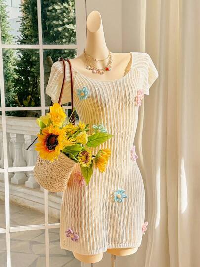 Skyraze Women's Round Neck Short Sleeve Solid Color 3D Floral Knitted Dress