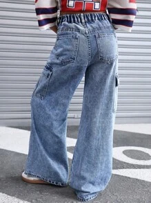 少女Y2K朋克街头风休闲水洗低腰牛仔裤，翻盖口袋褶裥阔腿工装裤，万圣节女孩，圣诞节，秋冬季返校季，秋季，商务休闲女装，秋冬套装，Y2K 2000年代风格，商务休闲女孩，返校季，Y2K牛仔裤，宽松街头牛仔裤，Y2K儿童宽松牛仔裤，少女街头风，少女Y2K牛仔裤 - 中等水洗藍 - 查看 2