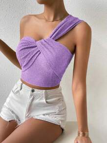 Chiquease 女式纯色扭纹不对称领口无袖上衣，夏季 - 淡紫色 - 查看 5