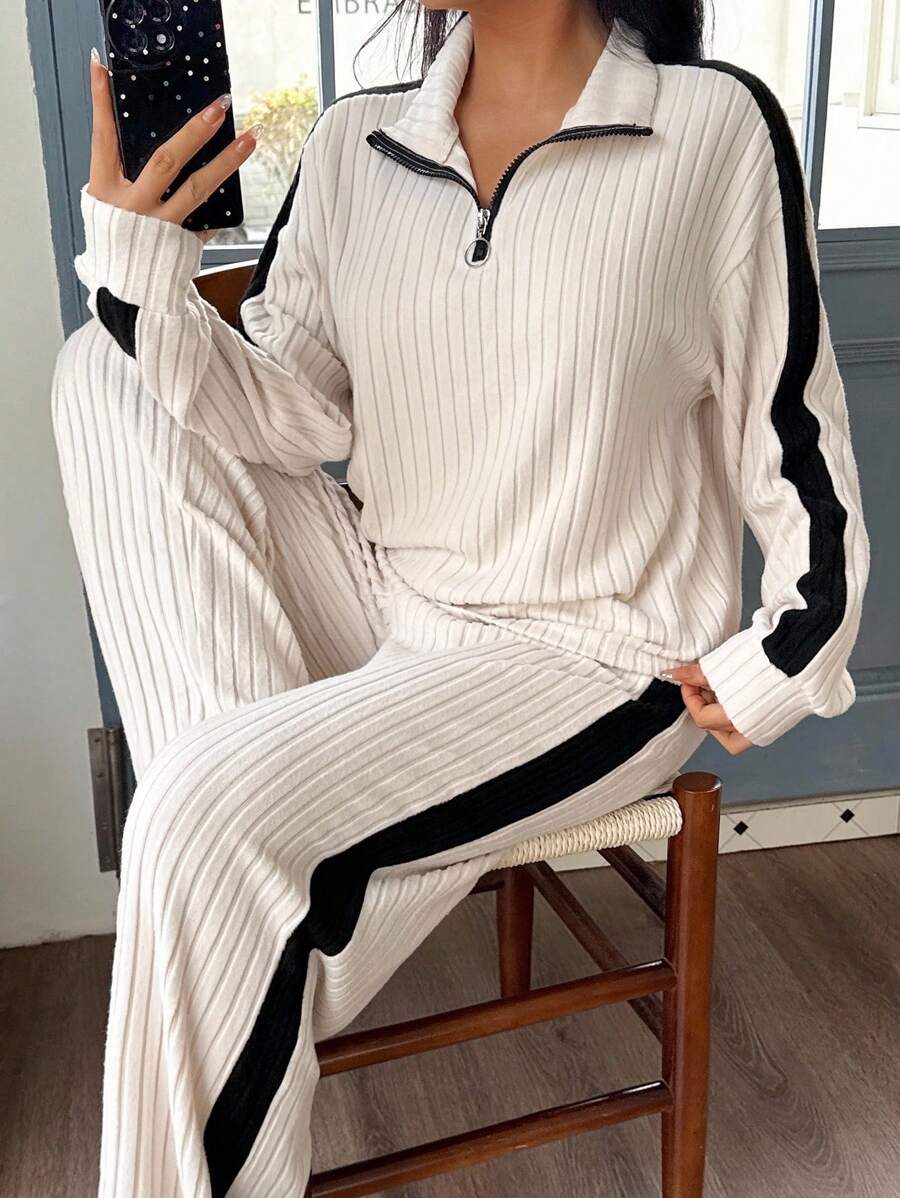 SHEIN Casual Women's Lounge Set In Knitted Fabric With Half-Zip Collar And Striped Design Long Sleeve Lounge Set Lounge Wear Set Matching Lounge Set Two Pieces Lounge Set Ribbed Lounge Set, Fall Winter Clothes, Cozy Outfits - Apricot - View 1