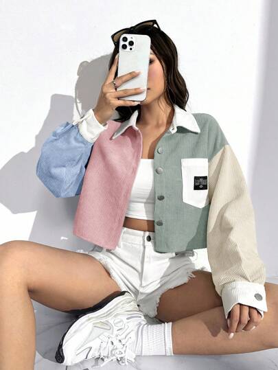 SHEIN EZwear Jachetă de damă cu mânecă lungă și deschidere în față, țesătură color block, jachetă din catifea reiată, streetwear pentru femei, jachete scurte, toamna/iarna