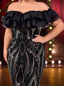 Glamrae Plus Size Elegant Romantic Black Off-Shoulder Organza Ruffle Splice Luxury Sequins Mermaid Hem Dress, Suitable For Party, Ceremony, Awards Show, Gala Events, Formal Evening Gown - Black - View 5