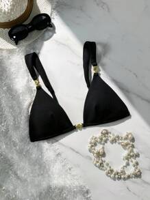 SHEIN Swim Women's New Summer Solid Texture Front Chest Strap Special Accessory Linked Triangle Bikini Top - Black - View 2