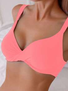 SHEIN 2 bộ đồ bơi bikini cắt cao màu trơn xoắn phía trước cho nữ mùa hè - Màu Hồng  San hô - Xem 3