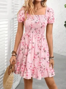 Breezaya Váy xòe hoa nhỏ thanh lịch lãng mạn dành cho nữ, thích hợp mặc thường ngày, đi làm, đi nghỉ, đi biển - Hồng - Xem 4