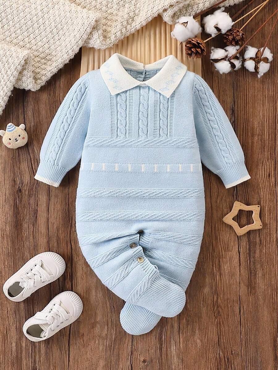 SHEIN 婴儿毛衣，新生儿男女通用高领长袖针织连脚连体衣，秋冬舒适，优雅时尚，适合室内、户外、旅行 - 藍色 - 查看 1