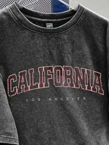 Manfinity Joysei Camiseta gráfica de California vintage oversize para hombres, de color negro mezclado, de manga corta, ideal como regalo para novio y para uso al aire libre. Camiseta vintage de California, camiseta con eslogan de California para hombres