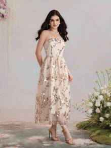 SHEIN MOD 女士蝴蝶亮片荷叶边下摆奢华吊带中长连衣裙 - 彩色 - 查看 8