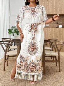 SHEIN Tall Damen Große Größen Blume Muster Urlaubskleid mit Quasten-Ärmeln und Bindegürtel, elegant