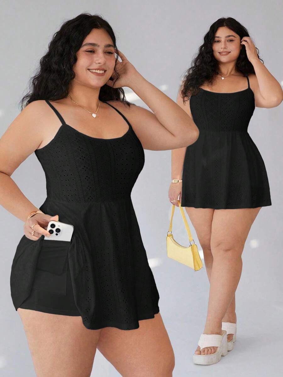 Solflare Plus Size Solid Color Jacquard Sleeveless Rompers Plus Size Summer Set Black Plus Size Swimsuit - Black - View 1