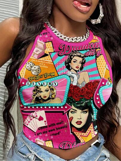 Slaydiva Y2K Pop Style Sexy Girl Graphic Top, Cute Summer Casual Camisole Shirt, Streetwear, Suitable For Vacation, Miami Girl 90s Top Y2k Tops Y2k Clothes Women Tops Graphic Tees Women Suitable For Going Out Chic