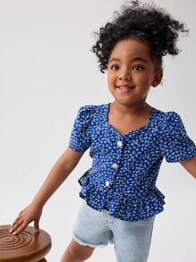 SHEIN Leap Crew 年輕女孩迷你花卉印花泡泡袖荷葉邊上衣