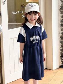 SHEIN Young Girls Casual Letter Graphic Color Block Collar Half-Zip Knit Dress - Blue and White - View 7
