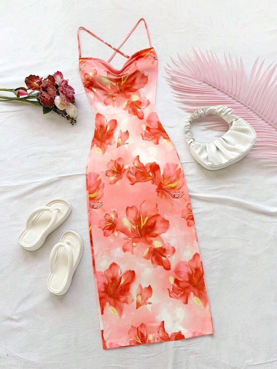 Soleia 女式花卉印花垂坠领露背紧身连衣裙,度假装 - 彩色 - 查看 1