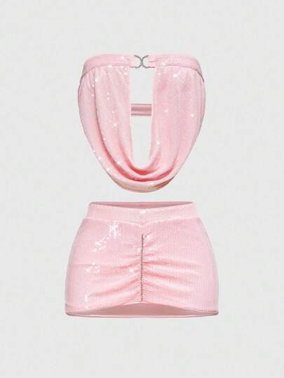 ROMWE Avant Y2K Retro Glamorous Sparkly Sequins 2 Pieces Set For Women