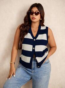 Elaquor 加大码条纹印花V领前扣无袖毛衣背心，商务休闲女装，秋冬女士教师装 - 藏蓝色 - 查看 5