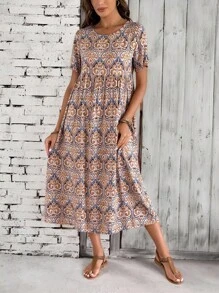EMERY ROSE 女士休闲超长沙滩裙，全身印花 - 卡其色 - 查看 7