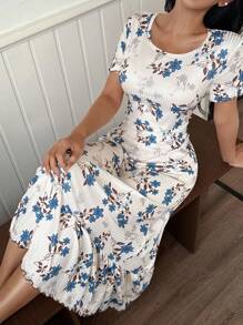 SHEIN 花卉印花荷叶边针织圆领女式睡袍花裙女式夏季连衣裙女式休闲连衣裙女式花裙蓝色花裙 - 彩色 - 查看 4