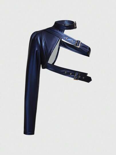 Grunge Punk Halloween Cropped Top Sexy Asymmetric Adjustable One Shoulder Long Sleeve Solid Color Women Leather Jacket