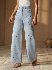 Anewsta New Sparkling Colorful Diamond Embellished Women's Straight Leg Jeans, Suitable For Valentine's Day Party, Blue - Light Wash - View 3