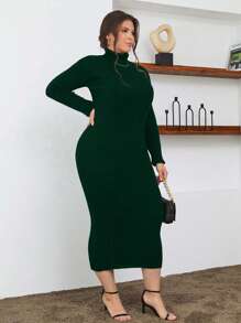 SHEIN Cottnline 100% Cotton Turtleneck Ribbed Knit Sweater Dress - Green - View 3