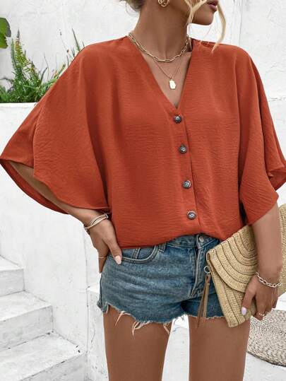 EMERY ROSE Blouse printemps/été 2025 pour femmes grandes tailles élégante, de couleur unie, en jacquard, avec encolure en V, épaules tombantes et décorations de boutons pour des vacances à la plage