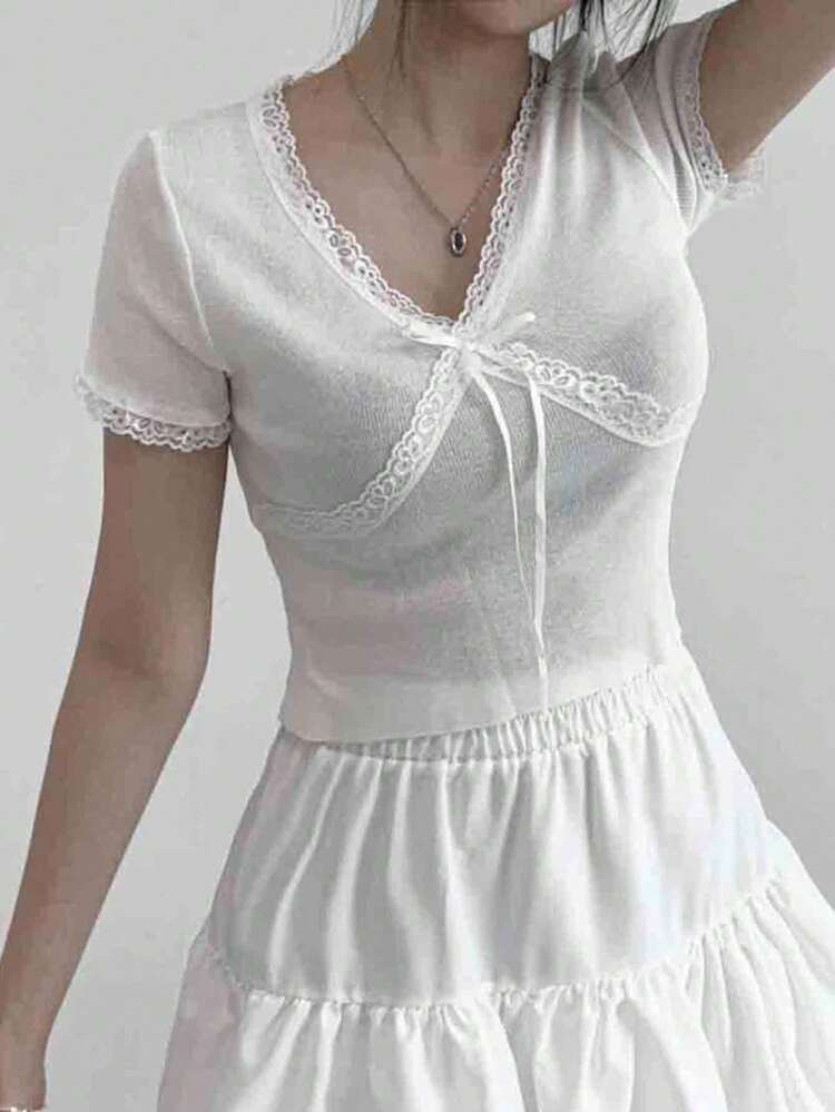V-Neck Lace Splice Short Sleeve T-Shirt, Women Fitted Sexy Crop Top With Bow, Slim Fit
