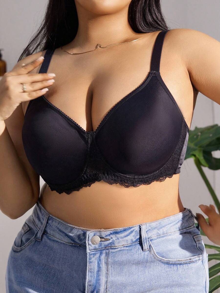 SHEIN 1pc No Wire No Pad Underwire Support Push-Up Plus Size Lace Splicing Bra - Black - View 1