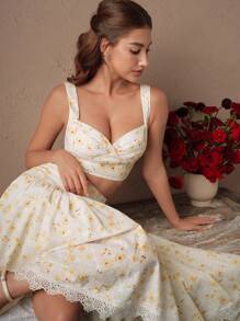 SHEIN Unity 女士夏季、假日、度假两件套 - 碎花吊带背心，搭配蕾丝边不对称下摆半身裙，节日外出度假装 - 黃色 - 查看 6