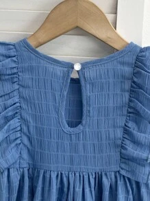 SHEIN Young Girls Ruffled Hem Textured Casual Dress - Pink - View 4