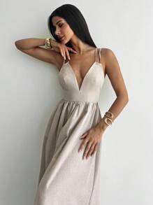 Firerie 女式深 V 领露背紧身 A 字连衣裙，卡其色仿亚麻面料，夏季度假连衣裙，春夏服装，沙滩装，优雅、性感、度假、海滩、波西米亚、夏威夷 - 卡其色 - 查看 6