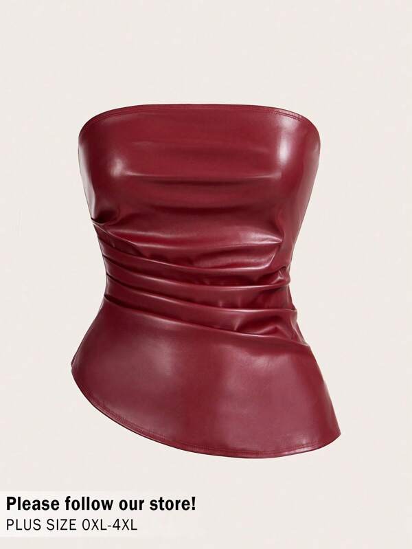 Auralis Plus Size Women's Autumn And Winter Fashion Elegant And Comfortable Wine Red PU Leather Tube Top Pleated Top,Curve Red Tops,Going Out Top,New Year Eve,Holiday Outfits,Christmas Party Women,Y2k,Casual Vest,Sexy Women Outfits,Red Women Tops,Western