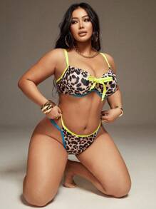 Swim SXY Plus Size Sexy Leopard Printed Steel Rib Contrast Edge Swimsuit Set, Odpowiedni na wakacje na plaży latem